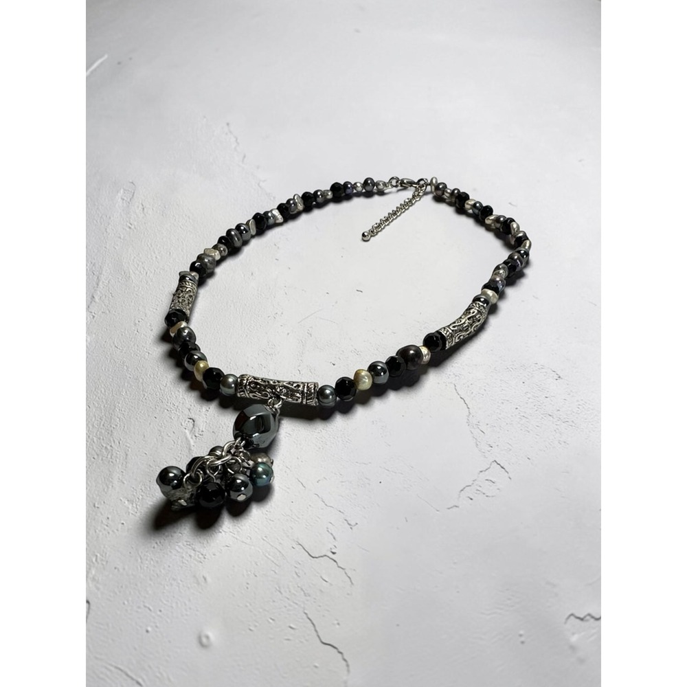 Beaded Statement Necklace‎ Black Silver Tone Hematite Pearl Goth